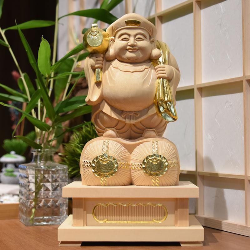 木彫り仏像 【三面出世大黒天】桧木 上彫 立5.0寸 総丈33cm