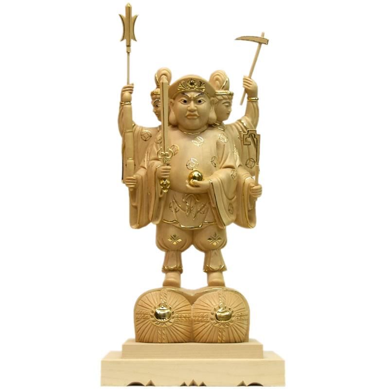 三面大黒天　仏像木彫り 桧木　新品 22cm 桧木三面出世大黒天 立5.0寸 切金 総丈33cm 比叡山形三面大黒天
