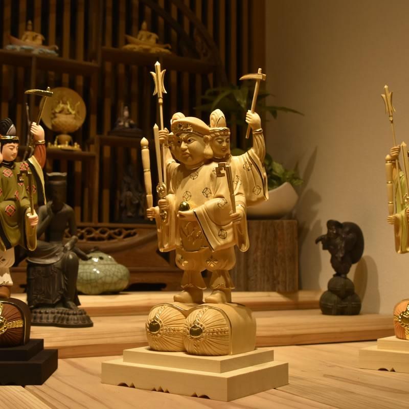 桧木三面出世大黒天 立5.0寸 切金 総丈33cm 比叡山形三面大黒天