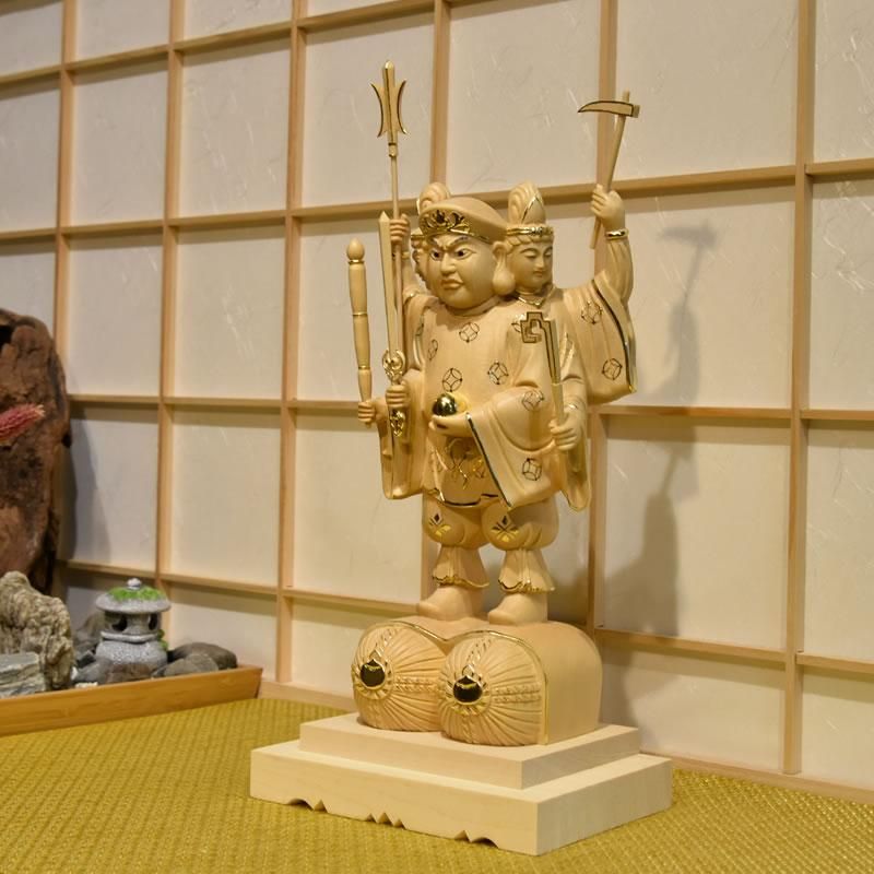 桧木三面出世大黒天 立5.0寸 切金 総丈33cm 比叡山形三面大黒天
