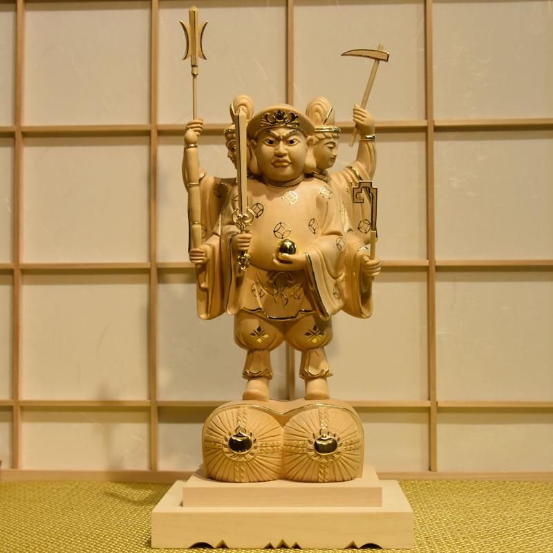 桧木三面出世大黒天 立5.0寸 切金 総丈33cm 比叡山形三面大黒天