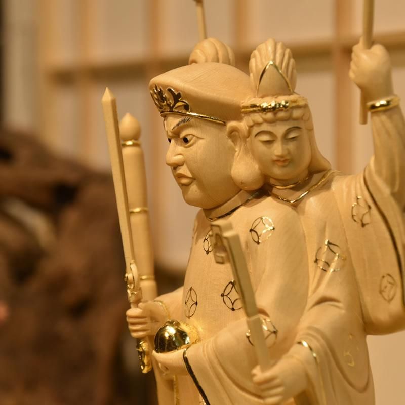 桧木三面出世大黒天 立5.0寸 切金 総丈33cm 比叡山形三面大黒天