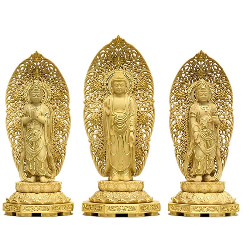修縁堂】高品質 仏像 阿弥陀三尊立像 彫刻 仏教工芸品 柘植材