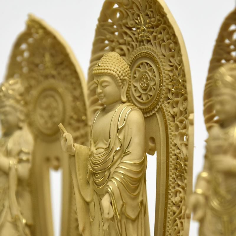 中国国家級工芸美術大師 葉小鵬作 細工彫り『阿弥陀三尊』本柘植/切金(純金箔) 中国国家級工芸美術大師 葉小鵬作 細工彫り『阿弥陀三尊』本柘植