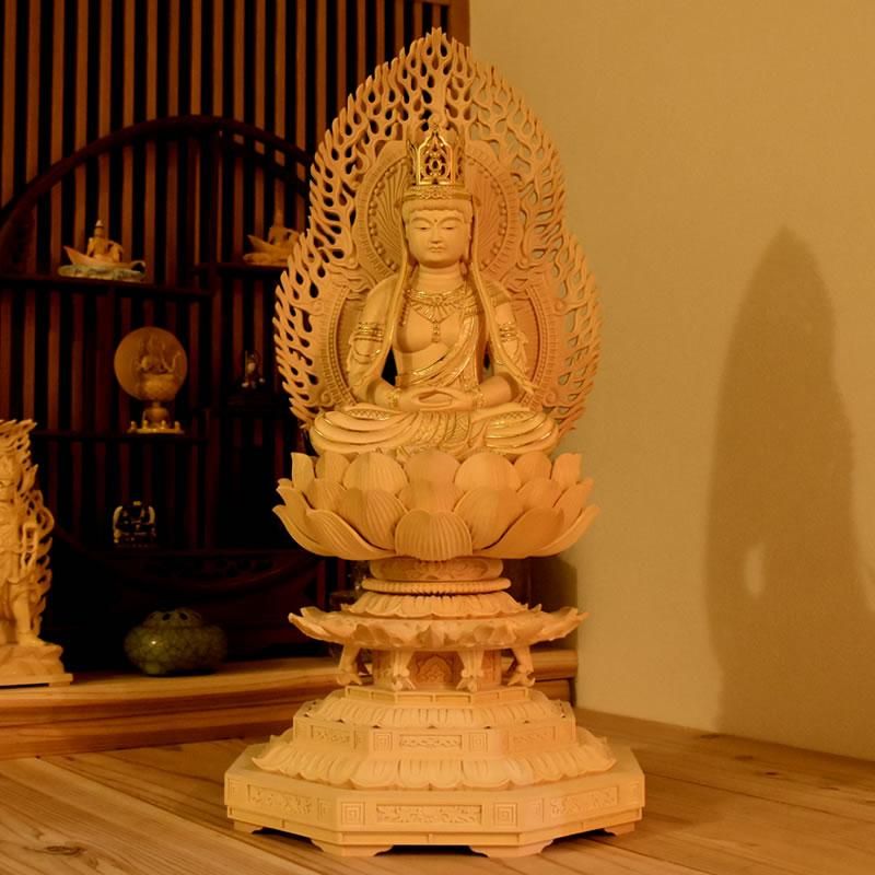 桧木胎蔵界大日如来 火炎光背八角台 坐6.0寸 総高60cm 仏像本体切金