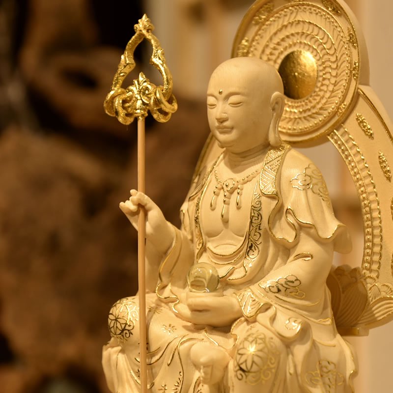 桧木地蔵菩薩半跏像 坐2.5寸 切金 総高20.5cm | 高品質な彫刻と贅沢な