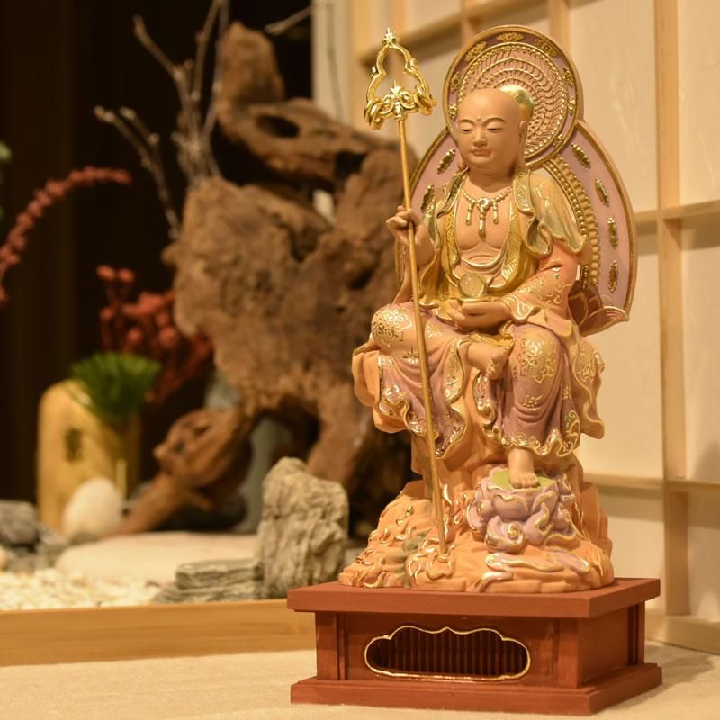 桧木地蔵菩薩半跏像 坐2.5寸 極彩色 総高20.5cm