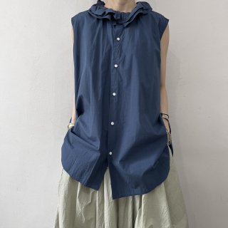TOUJOURS Ruffle Collar Sleeveless  Shirt / Indigo Blue