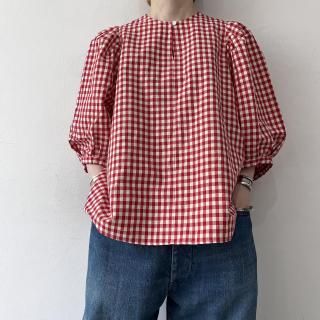 R&D.M.Co- <br> GINGHAM CHECK BIG BALLOON SLEEVE BLOUSE / Red