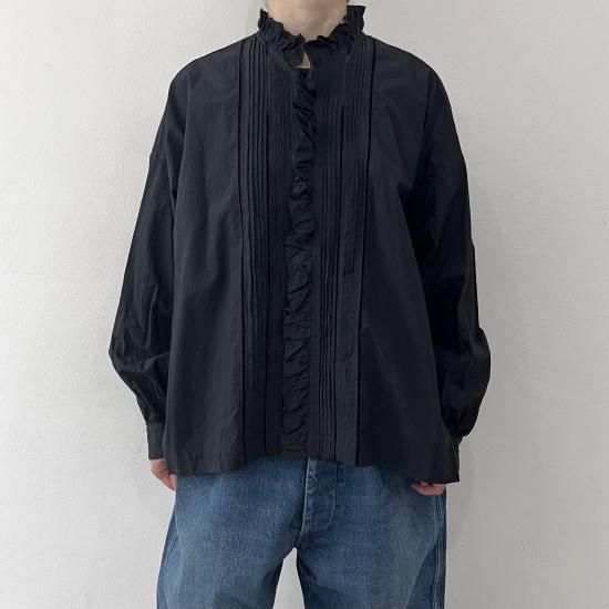 TOUJOURS Lace Pin Tuck Ruffle Shirt / Black Navy - ＋ING MARKET