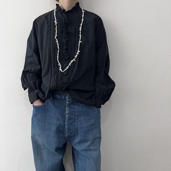 TOUJOURS Lace Pin Tuck Ruffle Shirt / Black Navy - ＋ING MARKET