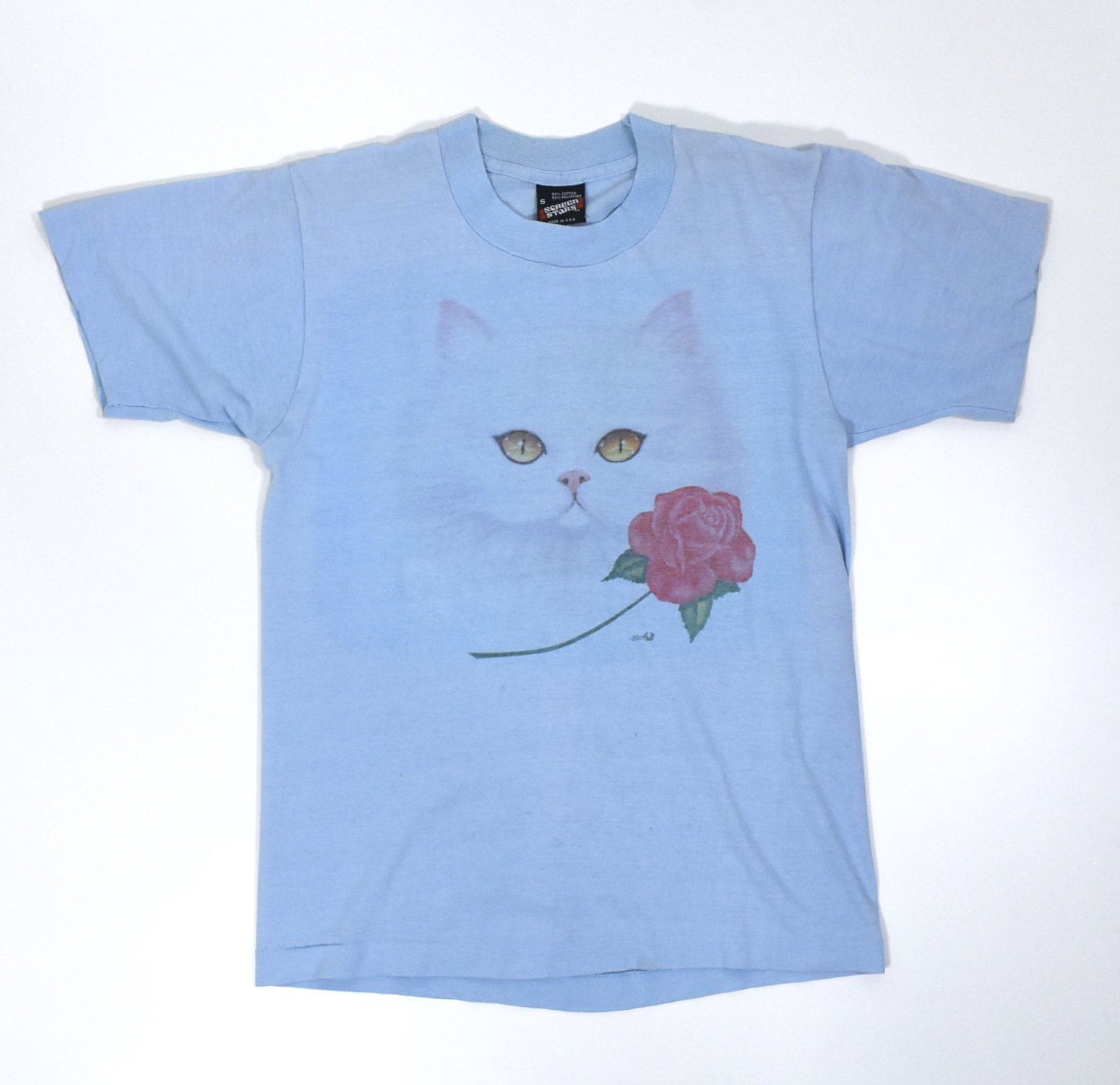 1990s CAT & ROSE Tee S MADE IN USA Light blue