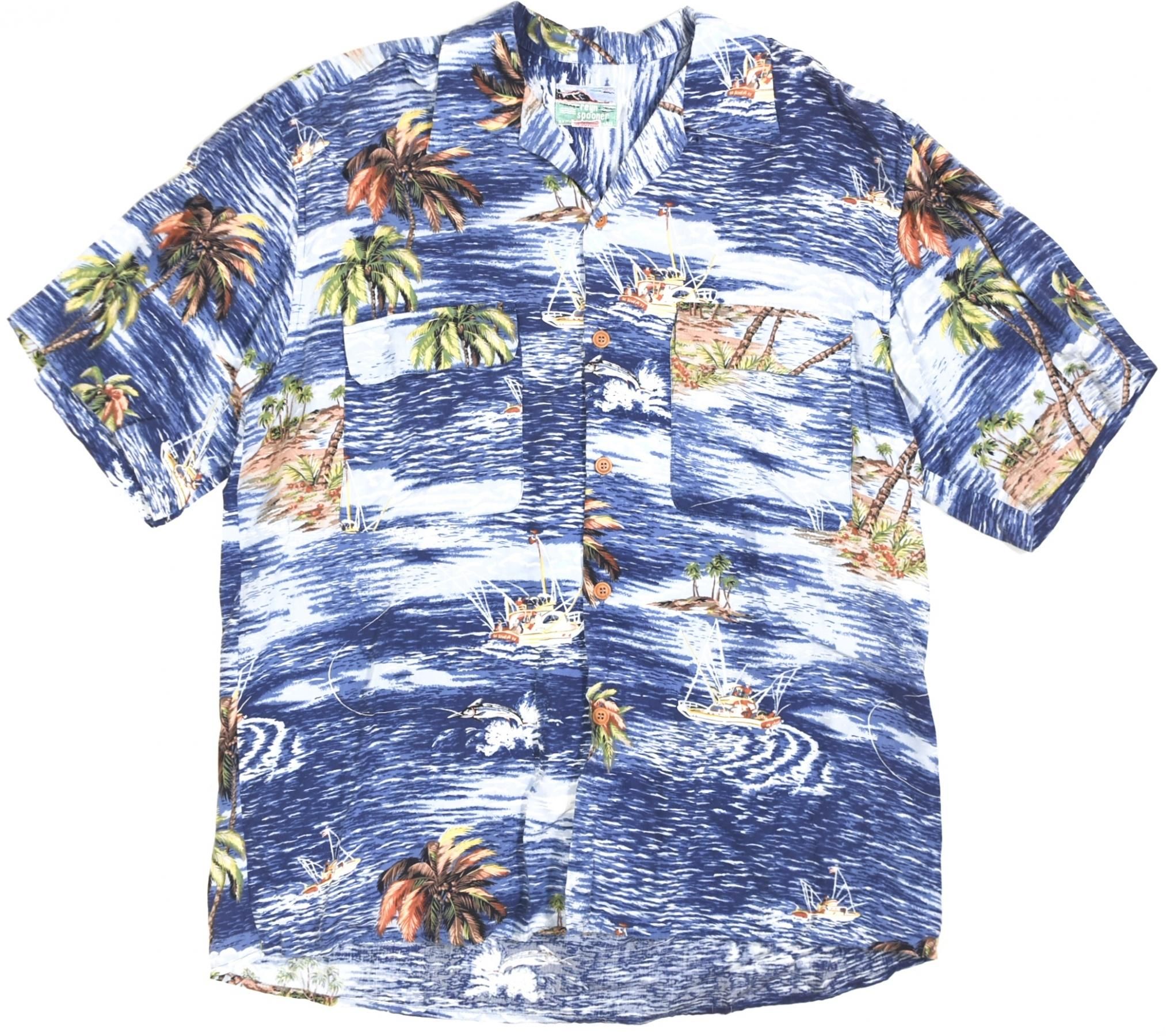 Late 80s-Early 90s reyn spooner Aloha shirts L Blue MADE IN HAWAII with Diamond head label

