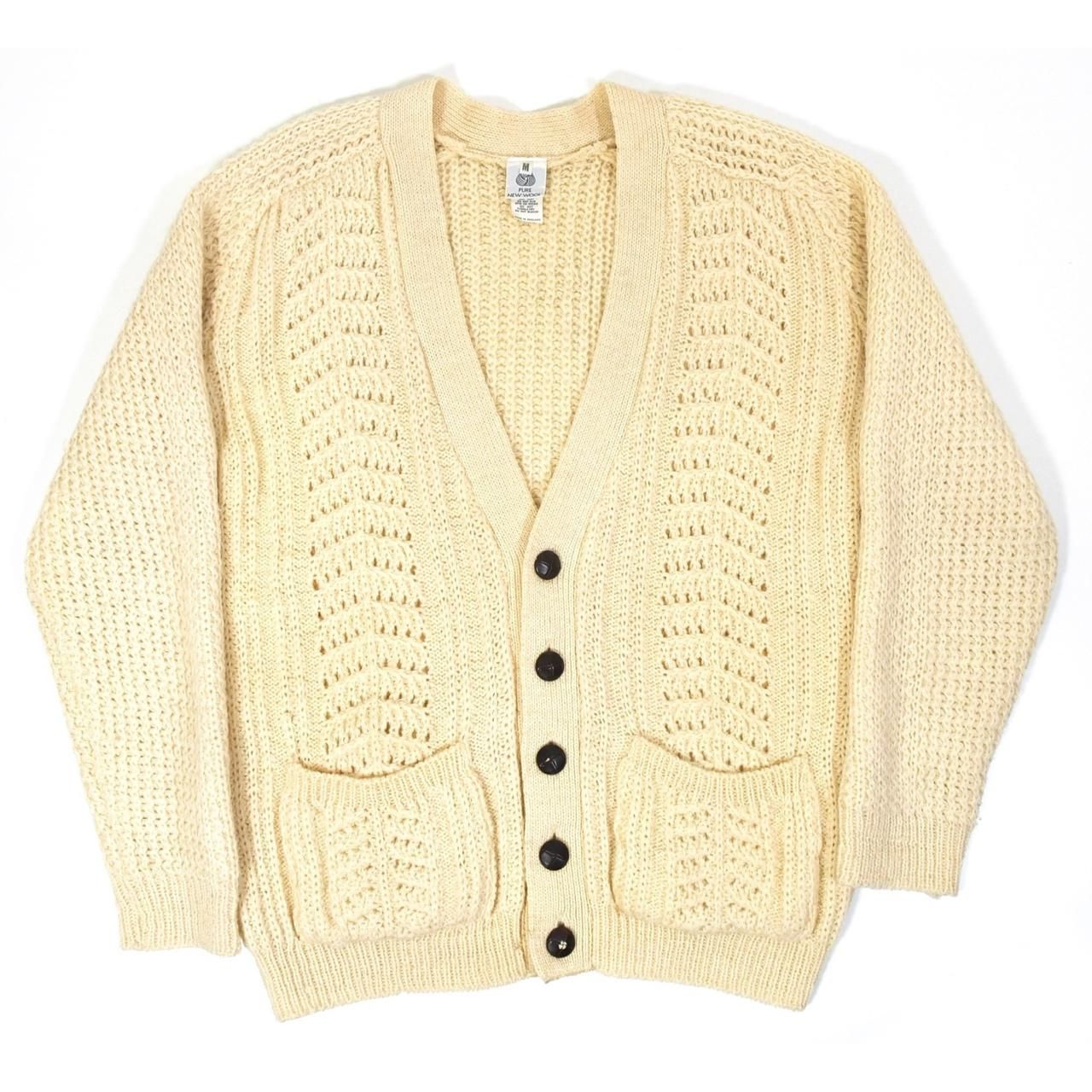 1990s PURE NEW WOOL knit cardigan M(L〜) MADE IN ENGLAND Ivory