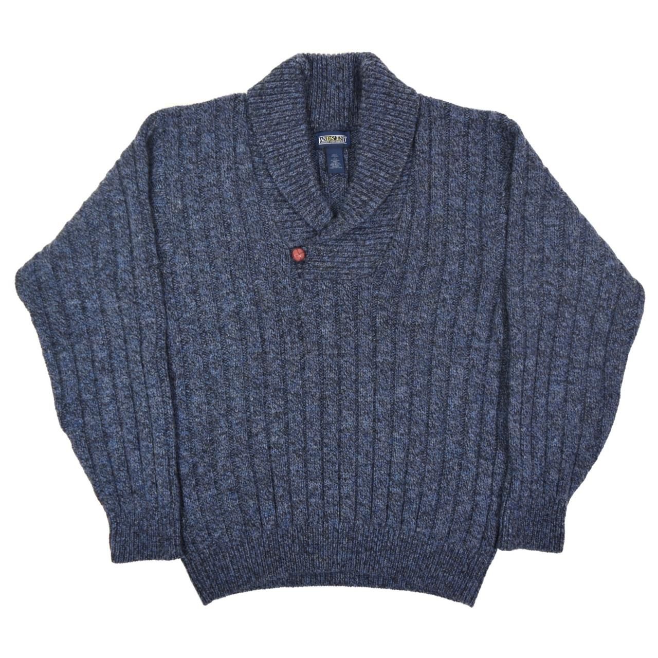 1990s LANDS'END Shawl color wool knit pullover M MADE IN USA Navy