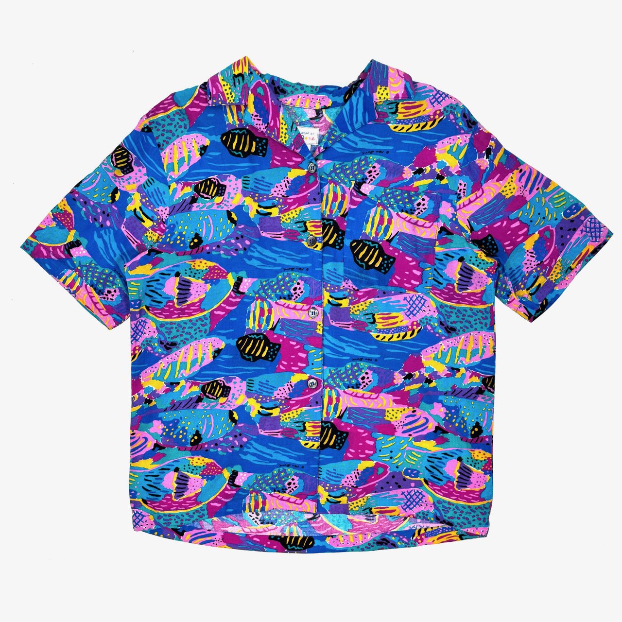 1990s Ken Done Fish S/S Rayon aloha shirts S MADE IN USA Blue