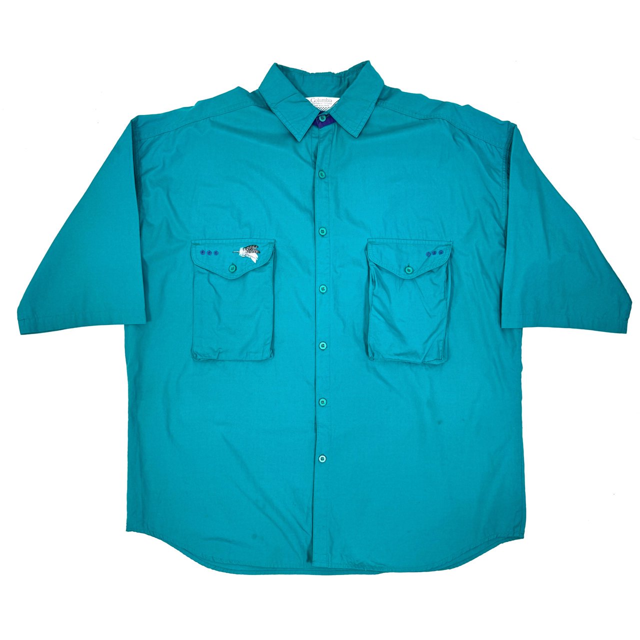 1980~90s COLUMBIA S/S Fishing shirts XL Turquoise green 