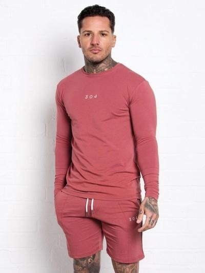 304clothing 304クロージング 長袖tシャツ ハーフパンツ セットアップ メンズ バーガンディー ジムウェア ロゴ入り