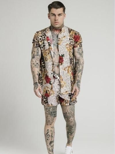 シックシルク 水着兼用 半袖 セットアップ メンズ通販 ヒョウ柄 フローラルプリント ストレッチウエストバンド付き メッシュ裏地