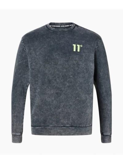 11Degrees【イレブンディグリーズ】アシッド ウォッシュ加工 レギュラーフィット リブ編み ロゴ入り コットン スウェットシャツ トレーナー ブラック