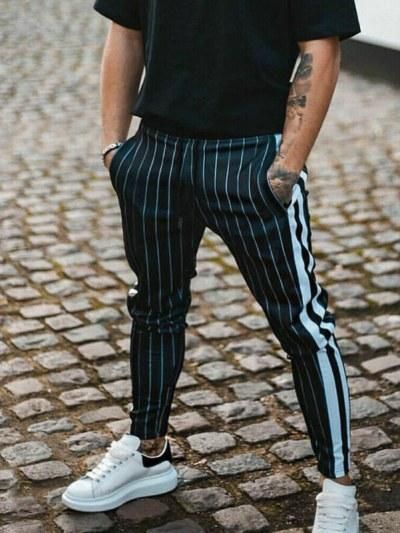 海外デザイン ストライプ柄 ジョガーパンツ メンズ通販 | ブラック