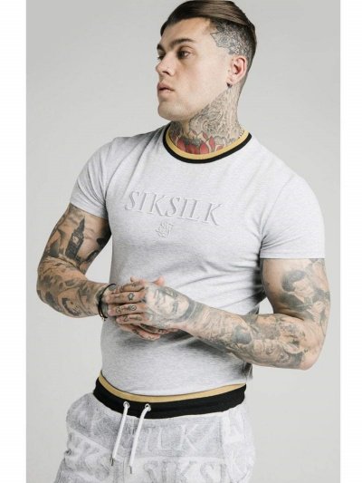 SikSilk【シックシルク】半袖Tシャツ ハーフパンツ セットアップ リブネック 刺繍ロゴ グレー×ブラック×ゴールド