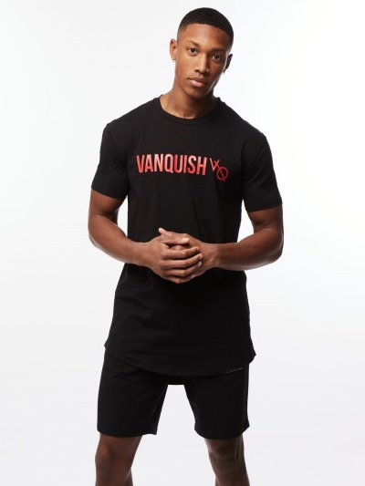 Vanquish Fitness【ヴァンキッシュフィットネス】 Triumph Tシャツ＆ショートパンツ セットアップ ウエスト丈 ブラックｘレッド