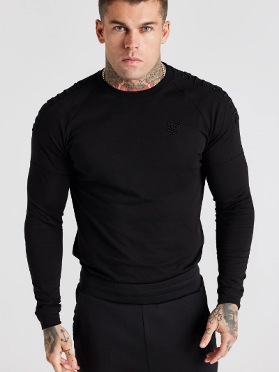 Siksilk【シックシルク】Black Panel Muscle Fit T-Shirt 長袖Tシャツ 3D刺繍ロゴ ブラック
