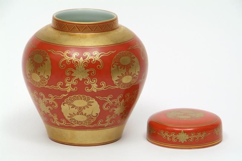 景徳鎮 珊瑚紅金彩団花紋盖罐(茶壺) 【一品物】 - 書道用具専門