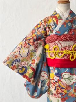 アンティーク着物　子供　753 かっこいい SALE】7歳_藍紫アンティーク着物／帯セット・子供着物・七五三