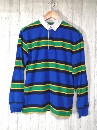 POLO RALPH LAUREN 長袖ラガーシャツ L ブルー 青 マルチボーダー - 古着屋kooky-kooky