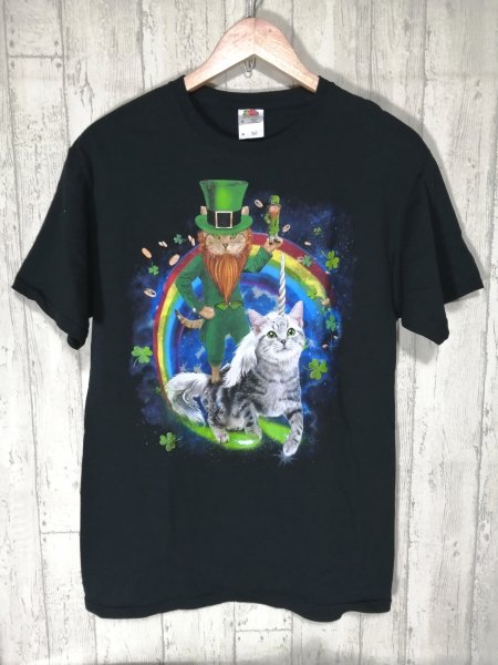 アニマルTシャツtシャツユニコーンキャット動物猫ANIMAL黒XLアートプリント
