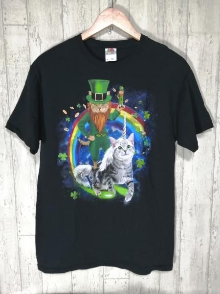 Fruit Of The Loom 猫ユニコーン Tシャツ M 黒 ペイント ねこ Cat 古着屋kooky Kooky