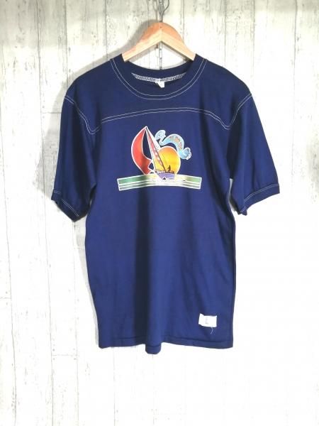 70s ダブルステッチ プリントTシャツ L FLORIDA ネイビー ポリ混 古着 ヴィンテージ - 古着屋kooky-kooky