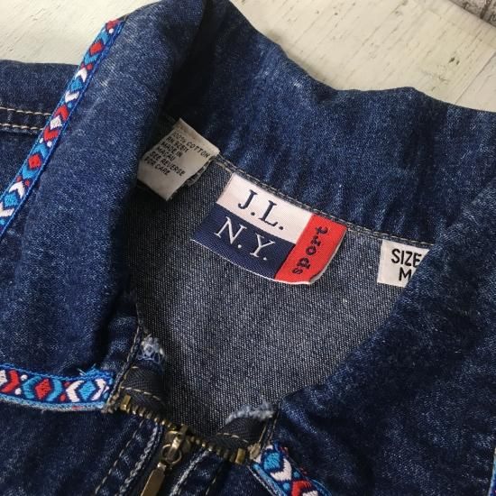 J.L NY デニムワンピース M 刺繍 襟付き ノースリーブ - 古着屋 J.L NY デニムワンピース M 刺繍 襟付き ノースリーブ - 古着屋