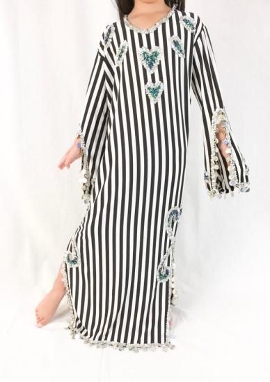 【美品】サイーディドレス ベリーダンス 衣装 白、黒、ボルドー ストライプ サイーディドレス(白*黒)ストライプ ベリーダンス、フォークロア衣装