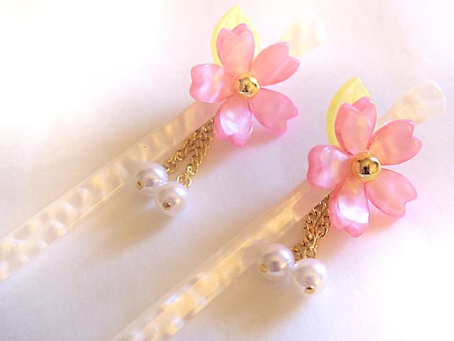 桜かんざし　真珠飾り　　一本差し　さくら　ピンク／白軸 - 花楽堂　karakudo