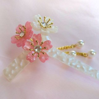 桜かんざし　真珠飾り　一本差し　ねじり桜　ピンク／白軸
