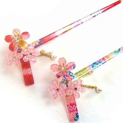 桜かんざし 真珠飾り 一本差し 結びかざり さくら3花 - 花楽堂 桜かんざし 真珠飾り 一本差し 結びかざり さくら3花 - 花楽堂