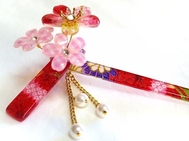 桜かんざし 真珠飾り 一本差し 結びかざり さくら3花 - 花楽堂 桜かんざし 真珠飾り 一本差し 結びかざり さくら3花 - 花楽堂