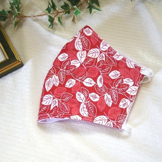 【花楽堂オリジナル】マスク　布マスク　和柄　葉っぱ　赤　呉服屋の上質晒マスク　手作り　日本製