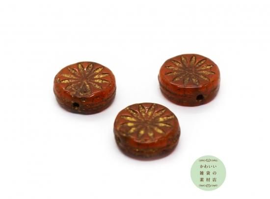 12mm チェコビーズ プレス デイジー アンバー ラウンド チェコガラスビーズ フラワー 花 12mm チェコビーズ プレス デイジー アンバー ラウンド チェコガラスビーズ フラワー 花