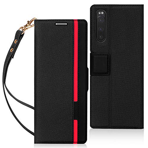 ブラック+レッド Sony Xperia 5 ケース,FYY 手帳型 軽量 薄型 ストラップ付き カード収納 スタンド機能付き マグネット式 耐衝撃  Xperia 5 SO-01M /SOV41専用 - WES PREMIUM STORE