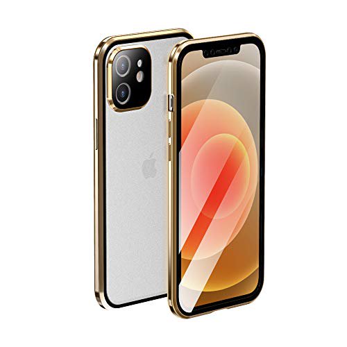 金 両面ガラス 2020新型 iPhone 12 ケース レンズ保護フィルム付き アルミバンパー 磁気吸着 耐衝撃 ワイヤレス充電対応 クリア  360度全面保護 人気 新型 背面ガラス おしゃれ メ - WES PREMIUM STORE