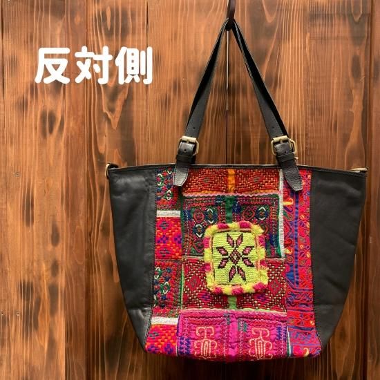 カッチ刺繍x本革 トートバッグ#9 ヴィンテージアフガンパッチ