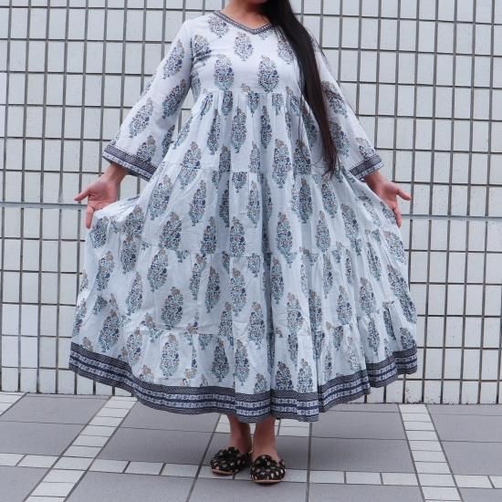 Saleアイテム バラードブルー ブロックプリントワンピース インド綿 カフタンドレス 工房直送価格