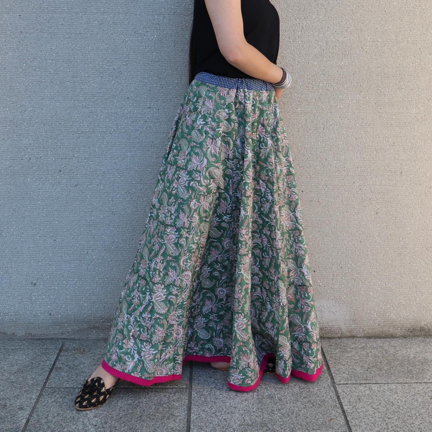 MACPHEE☆インド綿 ブロックフラワープリントマキシスカート/グリーン♪ MACPHEE☆インド綿 ブロックフラワープリントマキシスカート