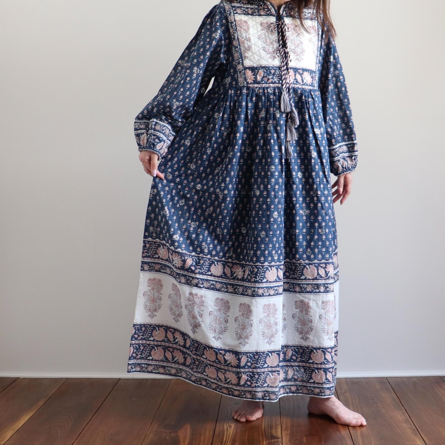 ハンドブロックプリント インド綿ワンピース 《Navy x キルト》 ハンドブロックプリント インド綿ワンピース 《Navy x キルト》