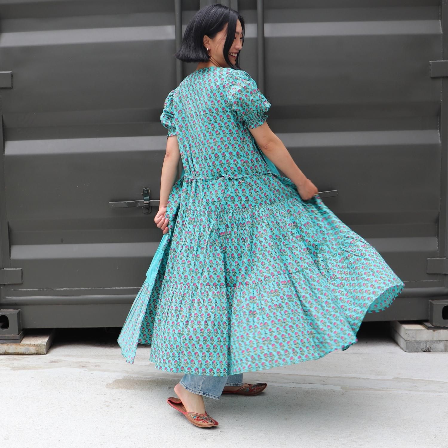 RUDRAKSHA ハンドブロックプリント インド綿カシュクールワンピース RUDRAKSHA ハンドブロックプリント インド綿カシュクールワンピース