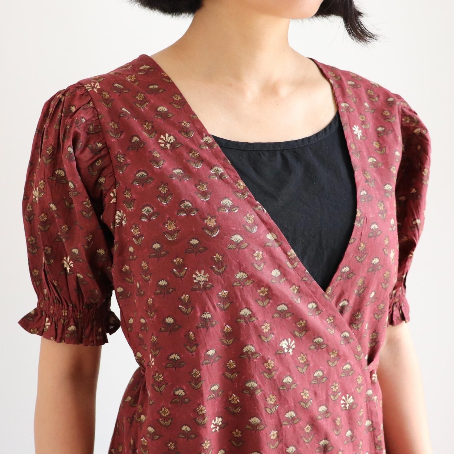 ハンドブロックプリント インド 授乳服 カシュクールワンピース
